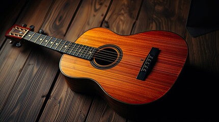 Fototapeta premium Acoustic guitar lying on a dark wooden floor in warm light studio setup