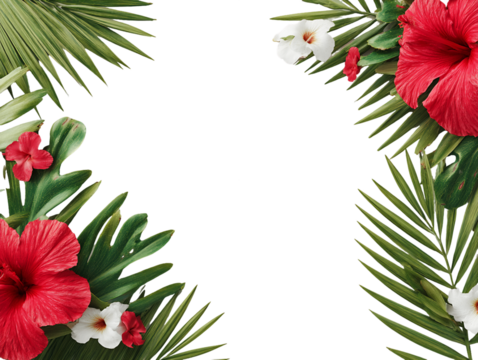 Vibrant Tropical Floral Frame with Red and White Hibiscus Flowers and Lush Green Palm Leaves on Transparent Background, PNG