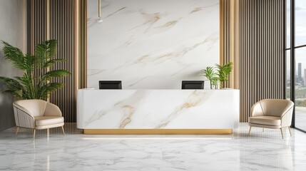 Reception area with white and gold design theme, featuring a designer counter and wall art