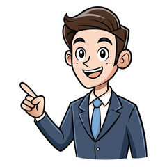 Business man pointing finger at something. Happy face. Hand drawn style vector design illustrations. 