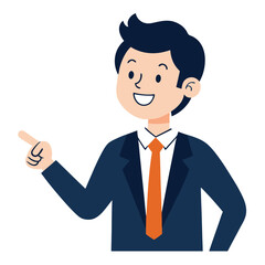 Business man pointing finger at something. Happy face. Hand drawn style vector design illustrations. 