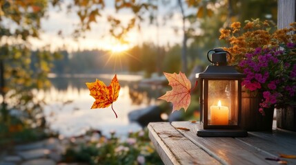 Autumnal scene by a lake with a lantern and falling leaves.  A tranquil view of autumn foliage, a lantern, and leaves floating in the air near a lake