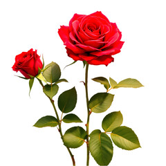 A pair of red roses with green leaves isolated on a black background