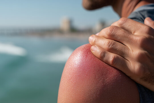 Close-up of a male hand holding an itchy, red, and pink sunburned arm skin on a sunny day at the beach. Sun cream applied to the healthy man's shoulder to help reduce healing time