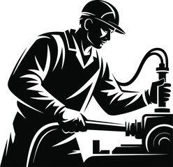 Fototapeta premium Industrial Worker Operating Machine Silhouette Vector Design, Transparent Background.