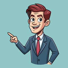 Business man pointing finger at something. Happy face. Hand drawn style vector design illustrations. 
