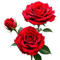 Three red roses in full bloom with green leaves on a stark black background