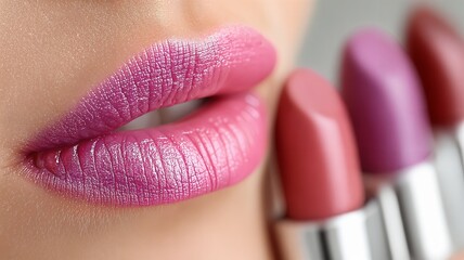 Primer plano de labios con lápiz labial púrpura y una colección de lápices labiales de varios tonos.