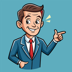 Business man pointing finger at something. Happy face. Hand drawn style vector design illustrations. 