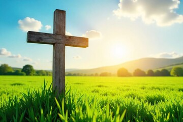 A rustic wooden cross stands against a sun-drenched, vibrant green field, conveying peace and serenity  Perfect for Easter, religious, or nature-themed projects ,  christian,  spring