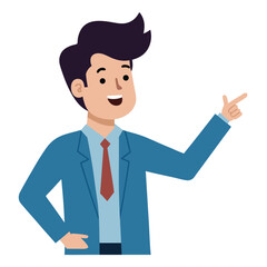 Business man pointing finger at something. Happy face. Hand drawn style vector design illustrations. 