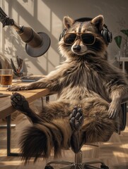 Un mapache con gafas de sol y auriculares está sentado en una silla de oficina, con los pies sobre el escritorio, en una habitación iluminada por el sol.