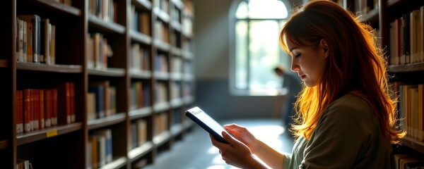 person in a library using e reader device, in a professional style, quiet light radiance, unified mood, high resolution