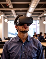 person in a startup hub using a virtual reality headset, in a professional style, soft lighting radiance, unified mood, high resolution