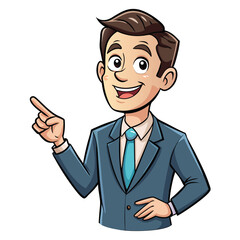 Business man pointing finger at something. Happy face. Hand drawn style vector design illustrations. 