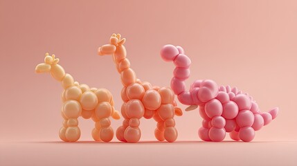 3D balloon animal parade (giraffe/elephant/dinosaur) for Children's Day, matte latex texture with Pantone 2025 colors gradient, soft diffused lighting, no shadows, perfect for festive decorations
