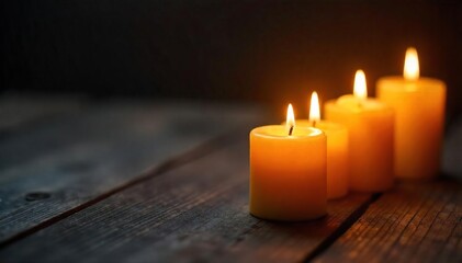 Close-up of several lit beeswax worship candles, casting a warm glow on a dark wooden surface  Perfect for religious, spiritual, or meditation themes ,  ceremony,  atmosphere,  ritual