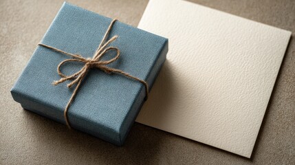 Blue gift box with bow beside blank white paper, top-down view on beige background. High-definition minimalist style for social media, greeting cards, packaging design, and 