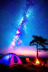 Vibrant Nighttime Safari Camp Under Starry Sky with Glowing Milky Way and Cozy Campfire Creating Magical Outdoor Experience for Adventurers and Nature Lovers