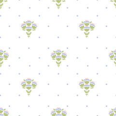 Blue folk art vector ornament, flower and heart seamless border naive pattern on dotted white background. Vector cute cartoon hand drawn illustration. Ideal for textile print, kids wear, wallpaper