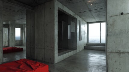 Modern concrete apartment interior with red accents