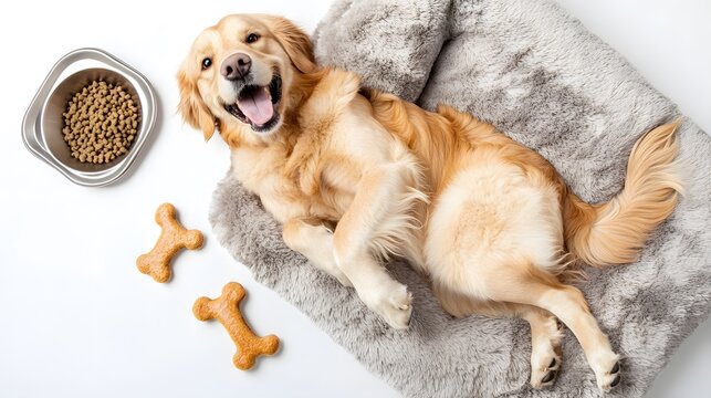 Top down view of happy golden retriever lying soft plush dog bed bone toy food bowl captured home pet care scene white background ideal pet lifestyle visuals stock photography cut out isolated