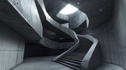 Abstract concrete interior with winding staircases