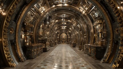 Obraz premium A stunning steampunk-inspired corridor filled with gears, machinery, and gold accents, featuring a large clock at the end and polished metal details.