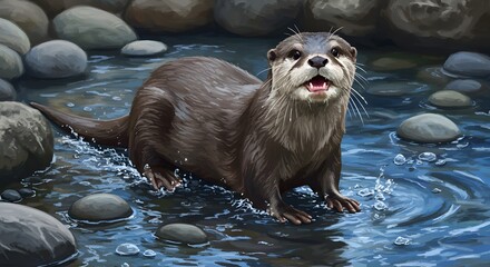Obraz premium Realistic painting of a cute river otter in a rocky stream