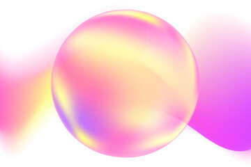Cute glowing pink, yellow 3D glass sphere, purple holographic gradient blurred texture background. Glowing abstract element, perfect for digital art, product backdrop, fantasy creative projects.