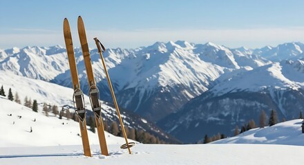 	
a pair of vintage wooden skis and leather-wrapped ski poles placed upright in the snow, with mountains in the background, wooden skis, ski poles, snowy slope, vintage sports, rustic charm, natural t