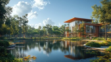 Obraz premium Planned layouts and architectural designs of business parks that promote functionality, collaboration, and modern aesthetics.