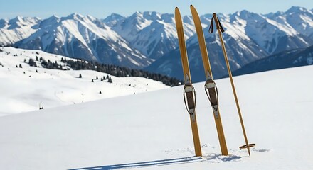 a pair of vintage wooden skis and leather-wrapped ski poles placed upright in the snow, with mountains in the background, wooden skis, ski poles, snowy slope, vintage sports, rustic charm, natural t