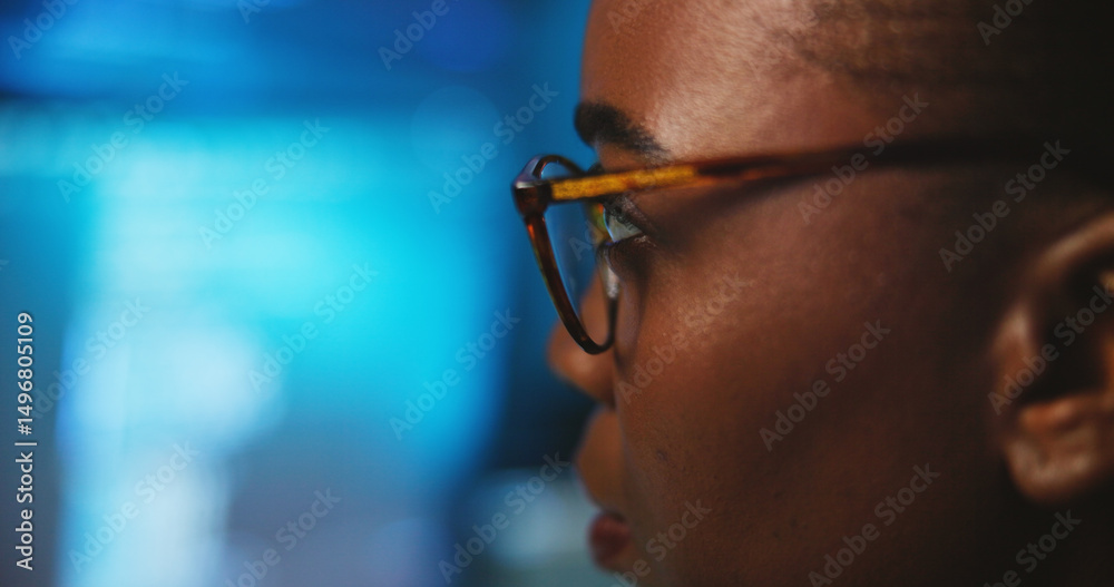 Poster Face, night and woman with glasses, coding and closeup with online reading for web development. African person, profile and programmer in office, deadline and space for software update at startup