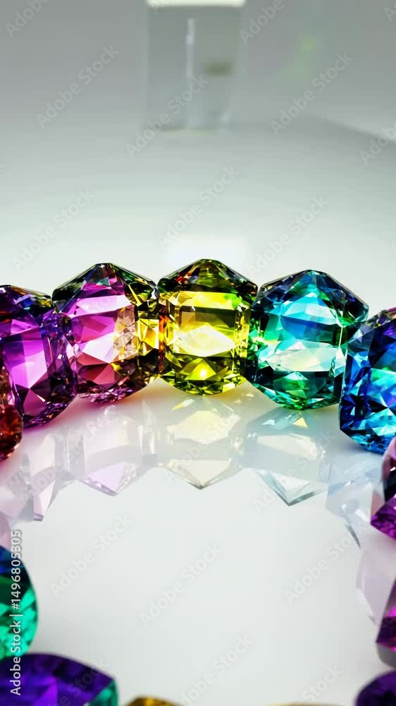 Poster A row of colorful gems are displayed on a white background. The gems are of different colors and sizes