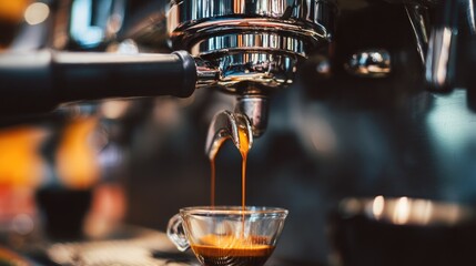 Espresso coffee pouring from an espresso machine at a bar in a modern cafe background, close-up. Copy space.