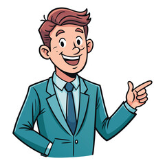 Business man pointing finger at something. Happy face. Hand drawn style vector design illustrations. 