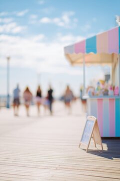 Pastel ice cream stand glowing on sunny boardwalk summer day