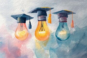 Tres bombillas con birretes de graduación, una representación visual de la educación, el conocimiento y el logro.