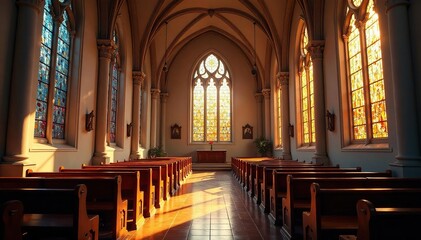 Fototapeta premium Serene church interior, stained glass sunlight, peaceful, church