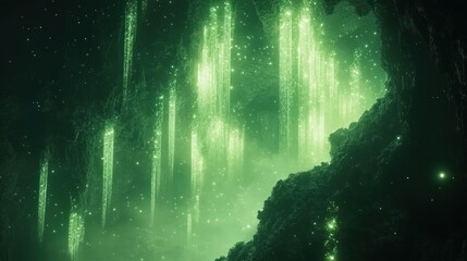 Enchanted Green Cave: A Mystical Realm of Glowing Lights