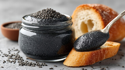Delicious black sesame dessert spread in glass jar with bread