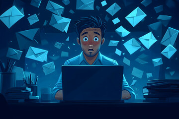 A man overwhelmed by flying emails while working on his laptop in a dark office.