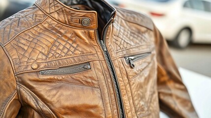 Close-up of a brown leather jacket with quilted detailing