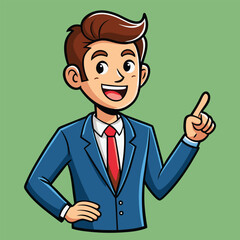 Business man pointing finger at something. Happy face. Hand drawn style vector design illustrations. 