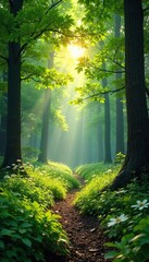 Sun-dappled forest floor in summer, lush green foliage, dappled sunlight filtering through leaves, vibrant green undergrowth, peaceful summer scene , scenery, growth, flora