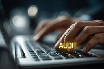 Business audit, compliance concept. Professional using laptop working with audit icons business compliance, financial review, and data analysis. corporate governance, risk assessment, quality control,
