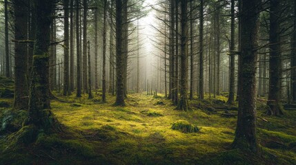 Fototapeta premium Photo of Forest with tall trees and green moss, misty atmosphere.