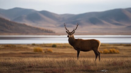 Fototapeta premium Photograph of a Mongolian red deer in the grassland near a lake, with a mountainous landscape in the background.