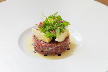 Closeup Australian Beef Tartare on wood table